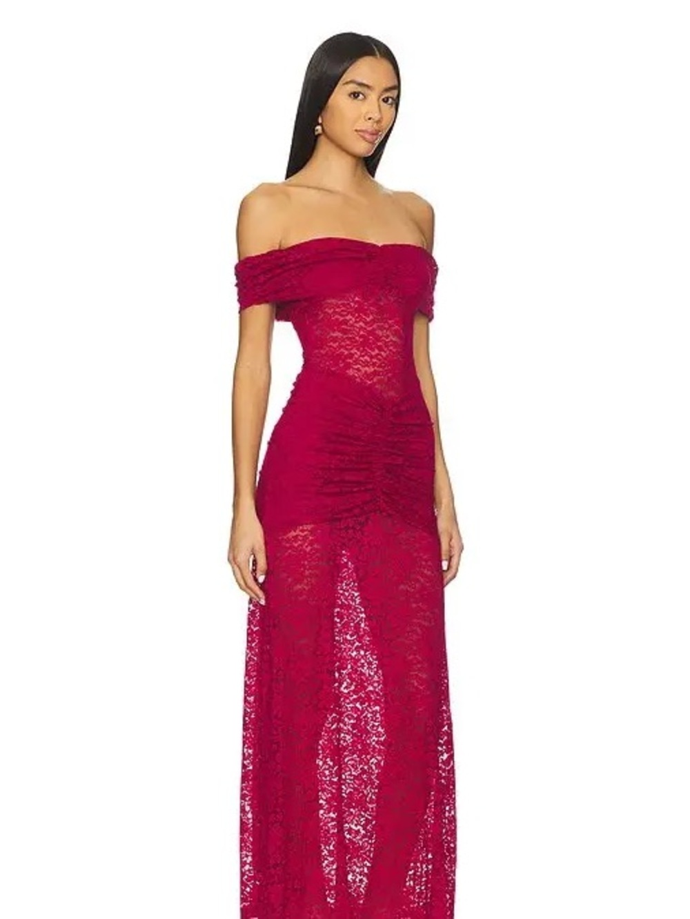 Runaway the Label Off-Shoulder Lace Maxi Dress in Berry